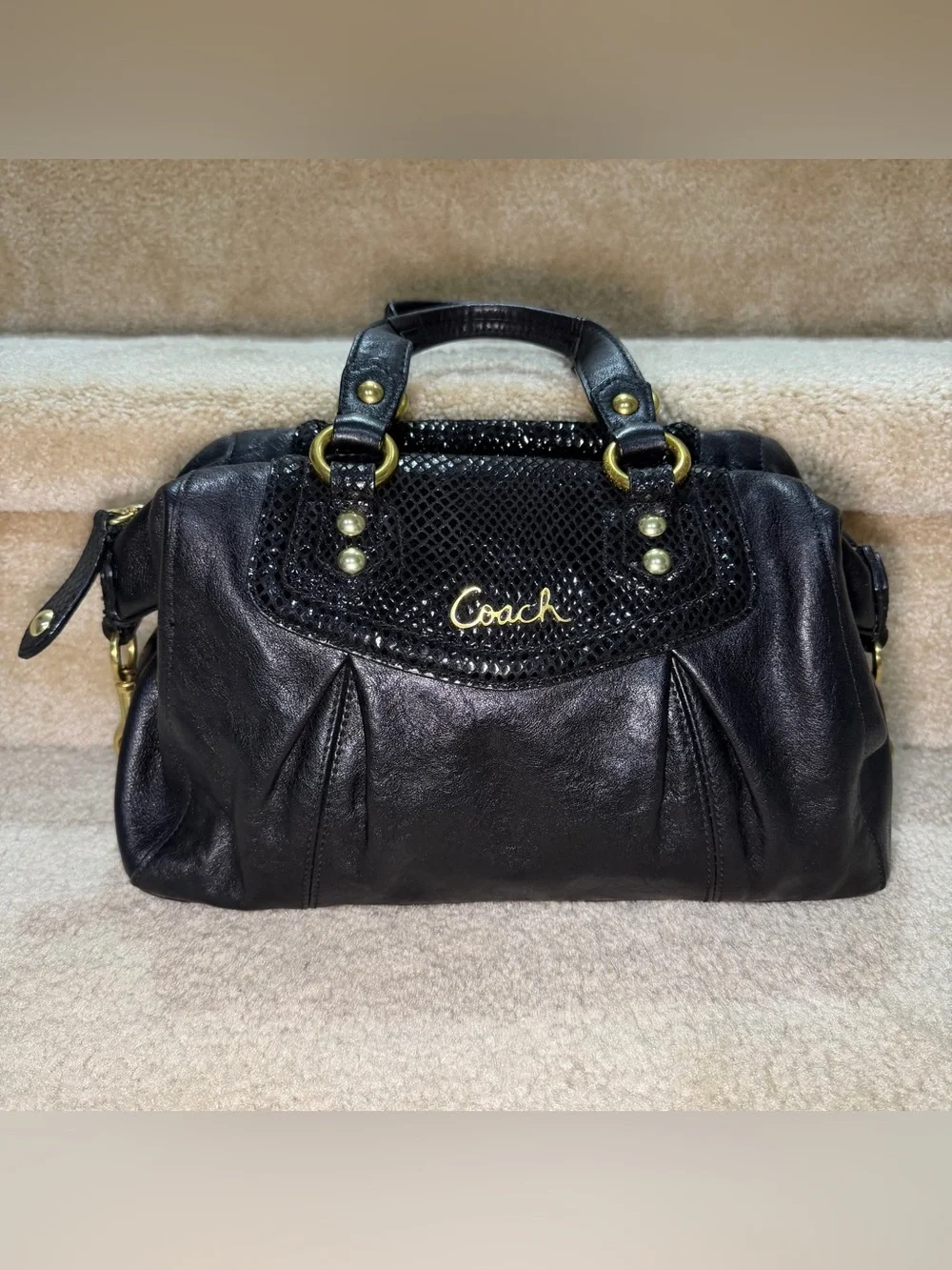 COACH Ashley Black Leather Satchel Python Purse Shoulder Bag 19247 Convertible